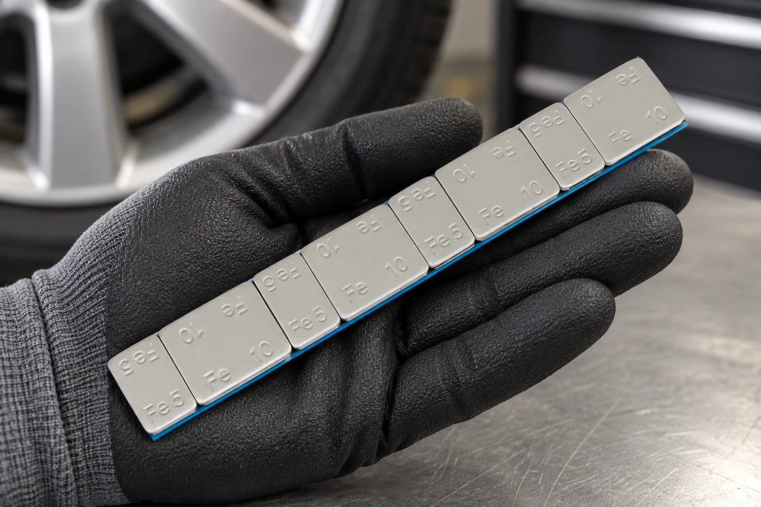 What defines a grey coated steel adhesive wheel weight sample?