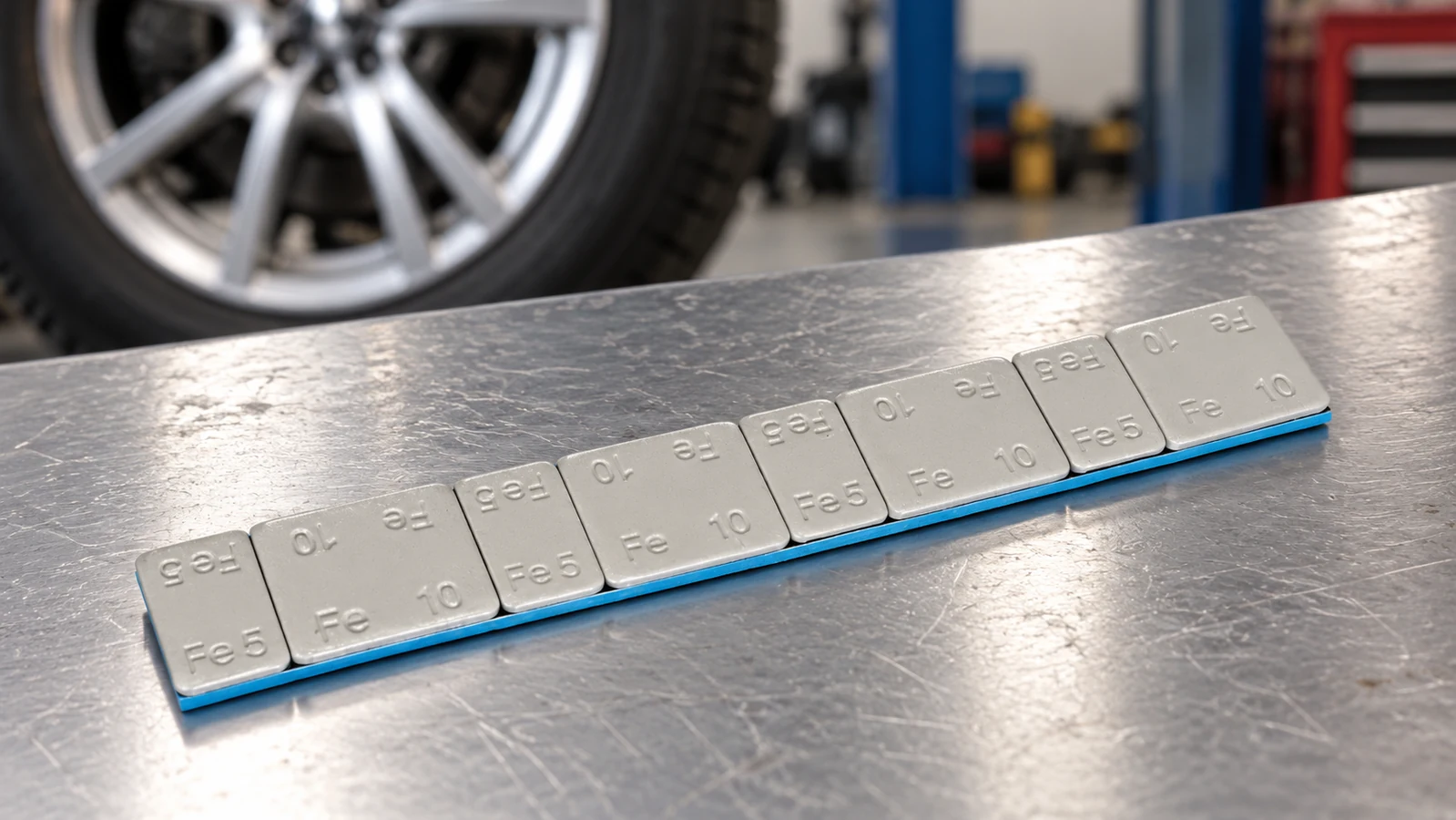 What defines a grey coated steel adhesive wheel weight sample?